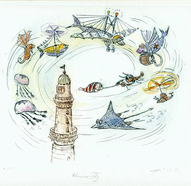 Cartoon  Grafik  Kaltnadel / Aquarell Titel: Hanse-Fly  -  zurück zur Übersicht bitte hier klicken