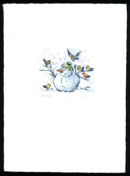 Weihnachten-Neujahr  Druckgrafik  Kaltnadel  / Aquarell  Titel : Schneemann mit Vögeln - zurück zur Übersicht hier klicken