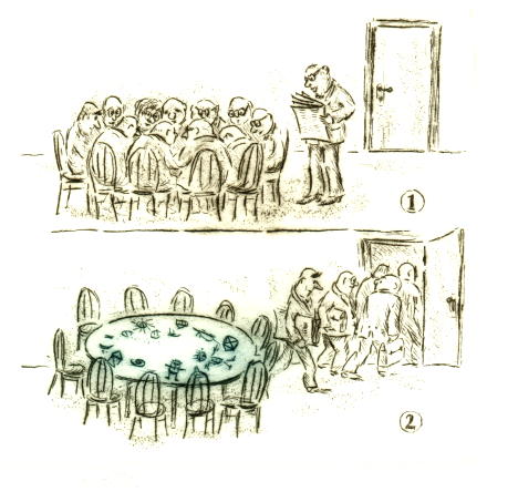 Berlin-Cartoon  Druckgrafik  Kaltnadel  zweifarbig   Titel : Die Sitzung - zurück zur Übersicht hier klicken