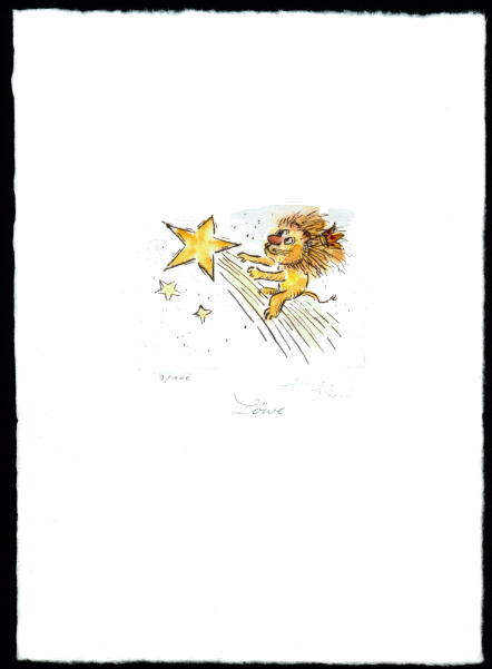 Kaltnadelradierung  Sternzeichen Löwe coloriert                      ca. 20 cm  x 14,5 cm  -  zurück zur Übersicht hier klicken